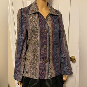 City Blues By Koret Blue Brown Abstract Blazer Jacket SIZE Petite Large Tapestry